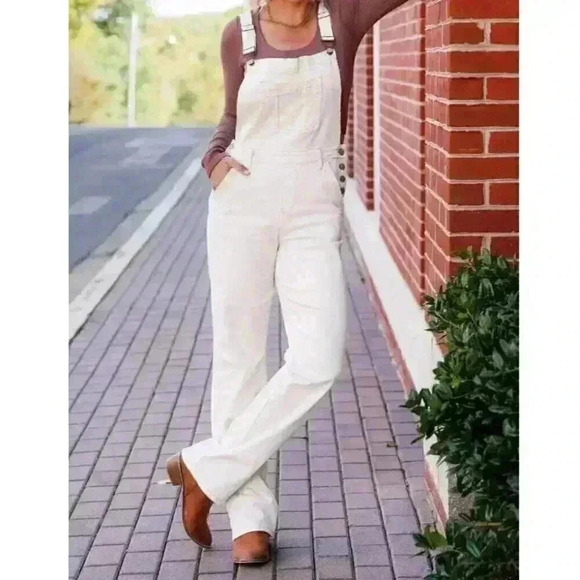 Judy Blue High Rise Cuffed Straight Leg Overalls ECRU Cream - Picture 1 of 16